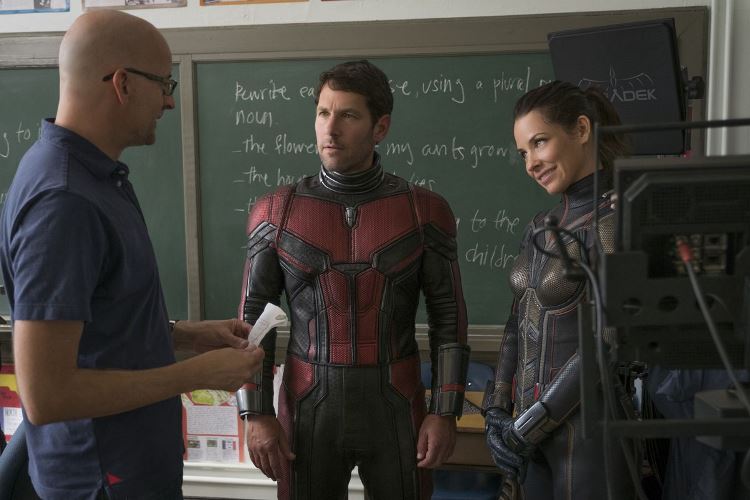 پیتون رید، پل راد و اوانجلین لیلی در پشت صحنه فیلم Ant-Man and the Wasp